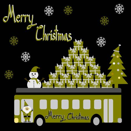 Christmas Greeting Card, Merry Christmas, Santa Claus, snowman and gifts on the bus vectorのイラスト素材