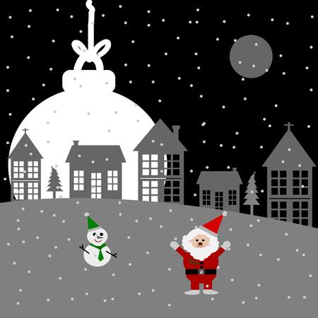 Merry Christmas night, Santa Claus, snowman Christmas tree and Christmas ball,のイラスト素材