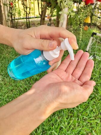 Alcohol gel sanitizer hand gel cleaner for anti Bacteria and virus. Hygiene concept. prevent the spread of germs and bacteria and avoid infections coronavirusの写真素材