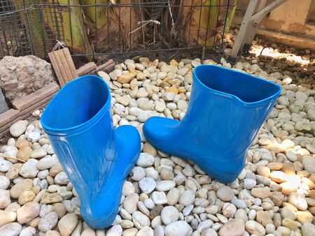 Blue rubber boots. Agricultural working boots for gardenの写真素材