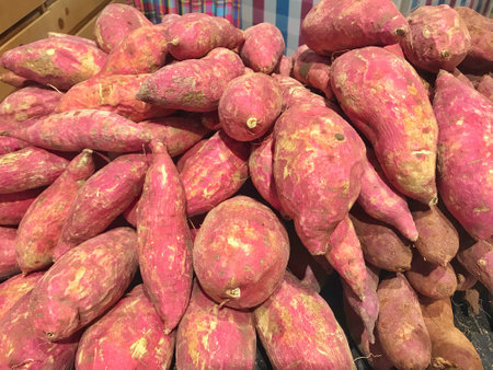 Fresh purple yams pile for sale in the market.の写真素材