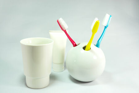 toothbrush set on whith scene,shallow focusの写真素材