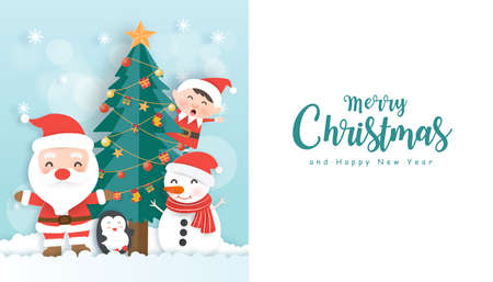 Christmas background with Santa clause, friends and copy space in paper cut style.のイラスト素材