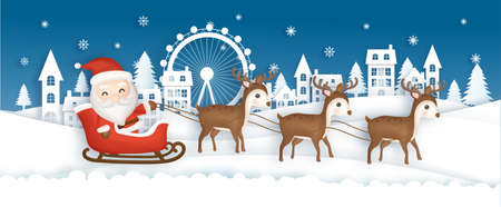 Christmas celebration with  Santa clause and friends in the snow village . paper cut style.のイラスト素材
