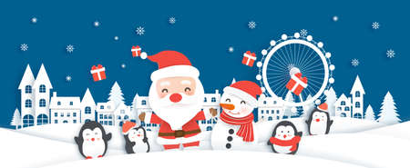 Christmas celebration with  Santa clause and reindeer in the snow village . paper cut style.のイラスト素材