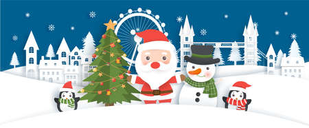 Christmas background with Santa clause and friends on the snow village in paper cut style.のイラスト素材