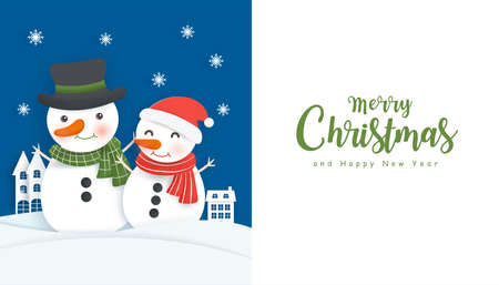Christmas background with snoman and copy space in paper cut style.のイラスト素材
