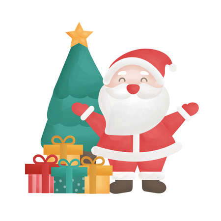 Cute Santa clause and Christmas tree in water color style.のイラスト素材