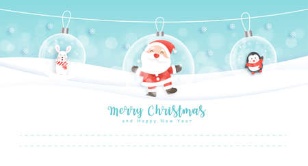 Merry Christmas and happy new year postcard with cute Santa and friend in the snow forest for greeting card .のイラスト素材