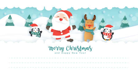 Merry Christmas and happy new year postcard with cute Santa and freinds in the snow forest for greeting card .のイラスト素材