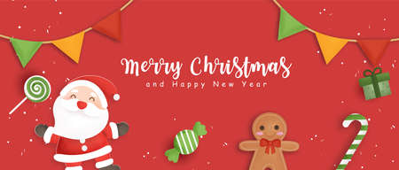 Happy Christmas banner with Santa clause and friends.のイラスト素材