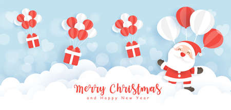 Merry Christmas and happy new year banner with a cute Santa clause and balloons.のイラスト素材