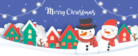 Christmas banner, background with a snowman in the snow village paper cut and craft style.のイラスト素材