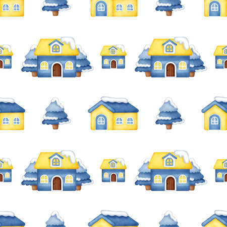 Watercolor Winter village seamless patterns.の写真素材