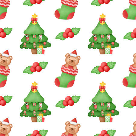 Watercolor Happy Christmas seamless patterns .の写真素材