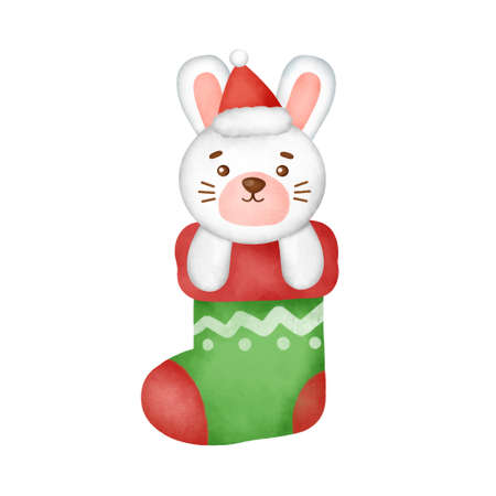 Hand drawn watercolor a cartoon rabbit  in a Christmas sock.のイラスト素材