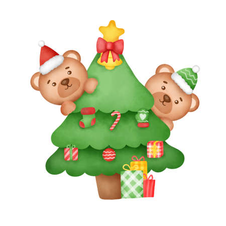 Hand drawn watercolor  christmas card with a cute bear.のイラスト素材