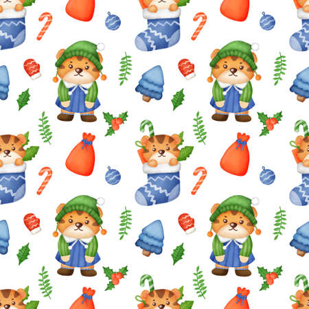 Happy Christmas and Year of tiger 2022 seamless pattern .の写真素材
