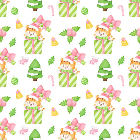 Merry Christmas and Happy new year with cute tiger seamless pattern.の写真素材