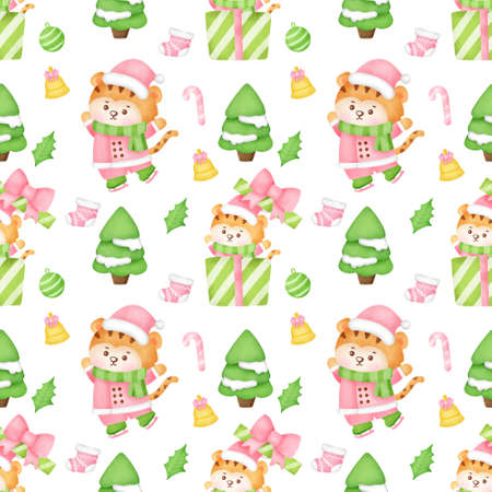 Merry Christmas and Happy new year with cute tiger seamless pattern.の写真素材