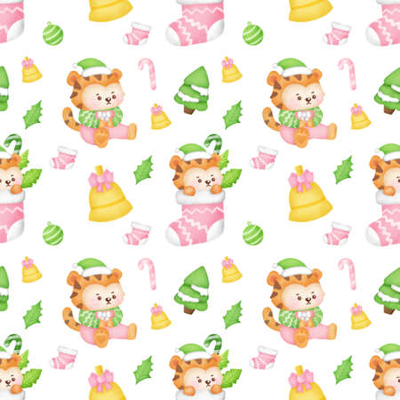 Merry Christmas and Happy new year with cute tiger seamless pattern.の写真素材
