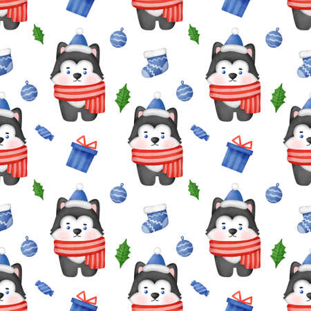 Seamless pattern with Christmas Siberian husky dog with santa hat .の写真素材