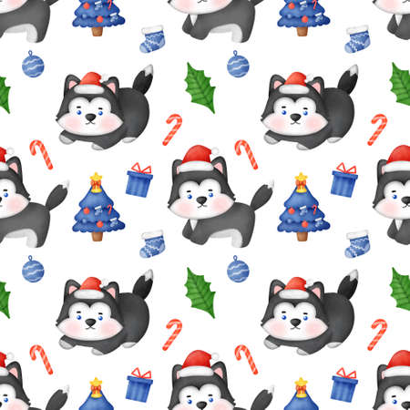 Seamless pattern with Christmas Siberian husky dog with santa hat .の写真素材
