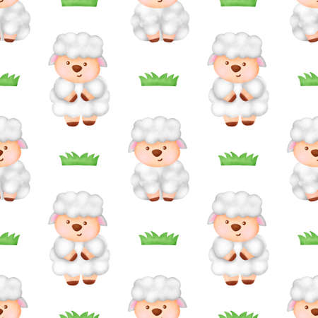Watercolor farm animal with cute sheep seamless patternの写真素材