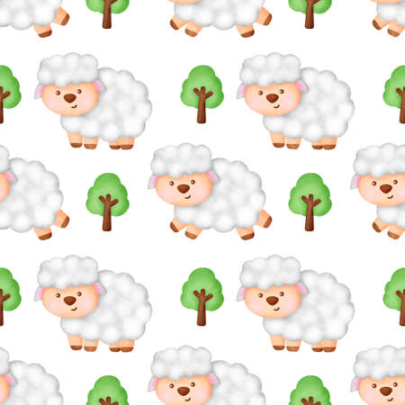 Watercolor farm animal with cute sheep seamless patternの写真素材