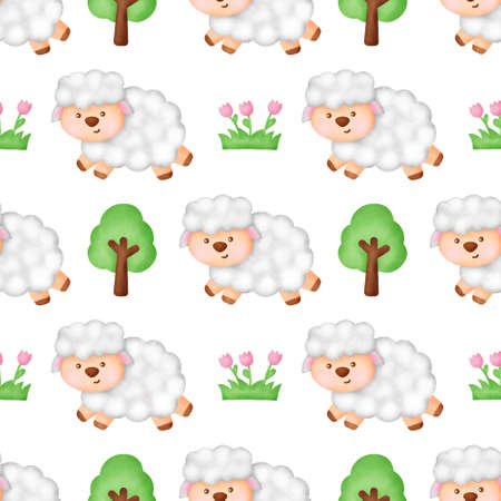 Watercolor farm animal with cute sheep seamless patternの写真素材