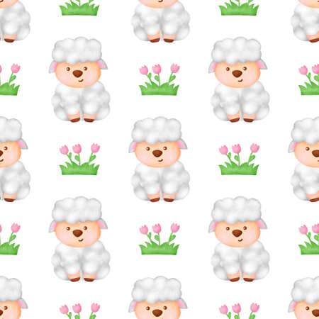 Watercolor farm animal with cute sheep seamless patternの写真素材