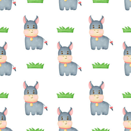 Watercolor farm animal with cute donkey seamless patternの写真素材