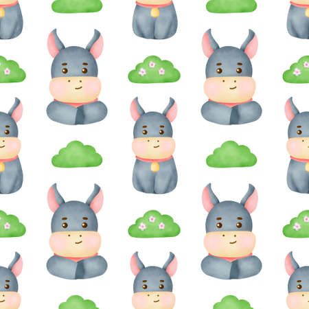 Watercolor farm animal with cute donkey seamless patternの写真素材
