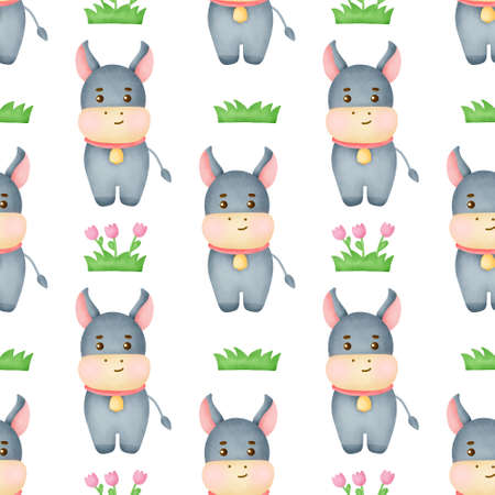 Watercolor farm animal with cute donkey seamless patternの写真素材