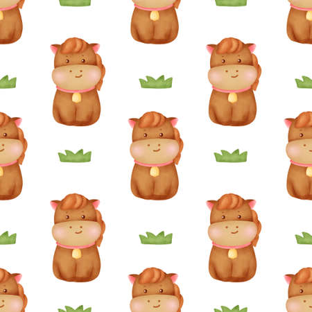 Watercolor farm animal with cute horse seamless patternの写真素材