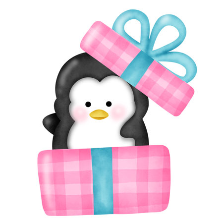 Cute penguin in a gift box on a white background.の写真素材