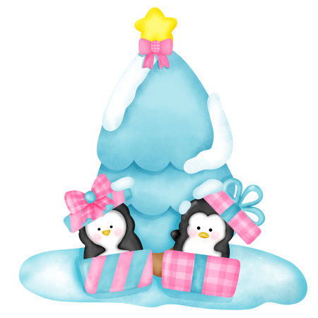 cute penguins and christmas tree on white background - illustration for childrenの写真素材