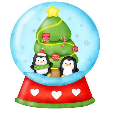 Christmas snow globe with penguins and Christmas tree.  illustration.の写真素材