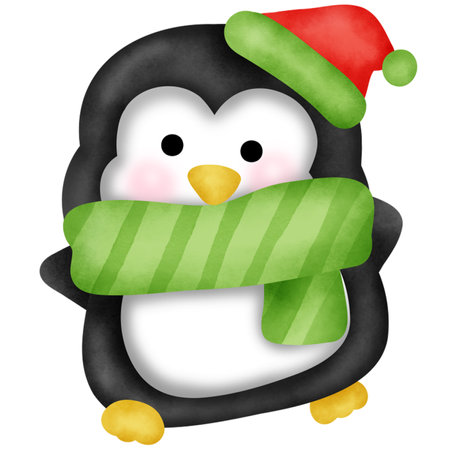 Penguin with scarf and santa hat isolated on white backgroundの写真素材