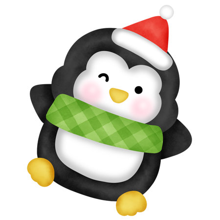 Penguin in Santa Claus hat isolated on white background. Watercolor illustration.の写真素材
