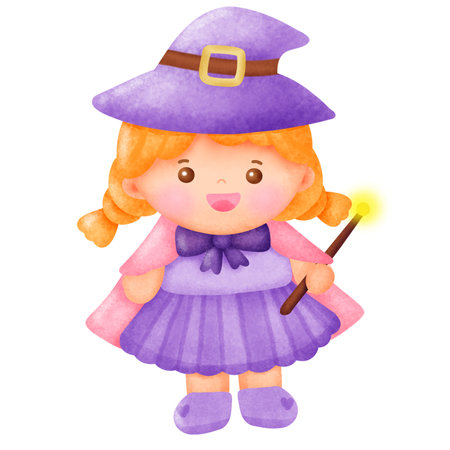 Illustration of a Cute Little Girl in a Witch Costume Holding a Magic Wandの写真素材