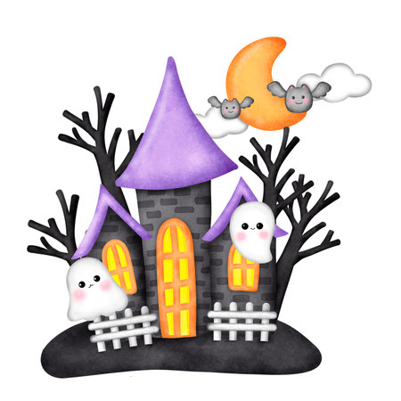 halloween concept with haunted house on white background - illustration for childrenの写真素材