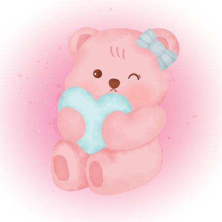 cute pink bear in watercolor style.のイラスト素材
