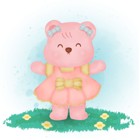 cute pink bear in watercolor style.のイラスト素材
