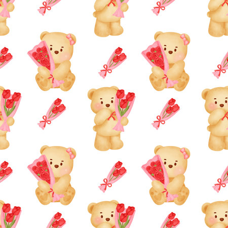 Seamless pattern with cute teddy bears and roses. Vector illustration.の写真素材