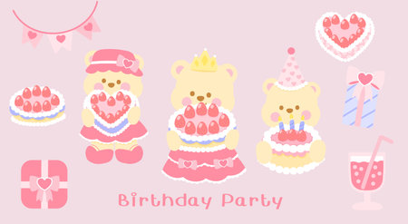 Adorable bears celebrate a pink strawberry cake birthday party. This kawaii illustration features fun decorations and gifts, perfect for a cheerful and sweet design. Ideal for children's cards and party invitations.のイラスト素材