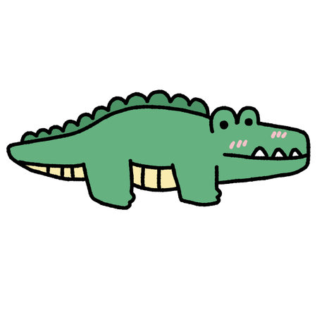 A cartoon drawing of a green crocodile. The crocodile has a pink nose and a pink mouthの写真素材