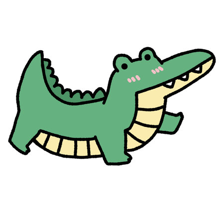 A cartoon drawing of a green crocodile with a pink tongue. The crocodile is standing upの写真素材