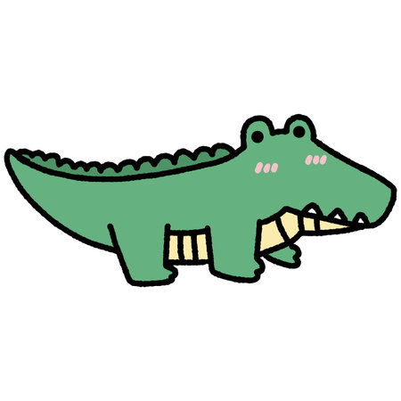 A cartoon drawing of a green crocodile with a pink nose. The crocodile has a pink tongueの写真素材