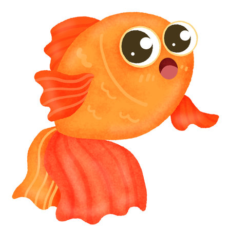 A cartoon fish with big eyes and a mouth open. It is orange in colorの写真素材